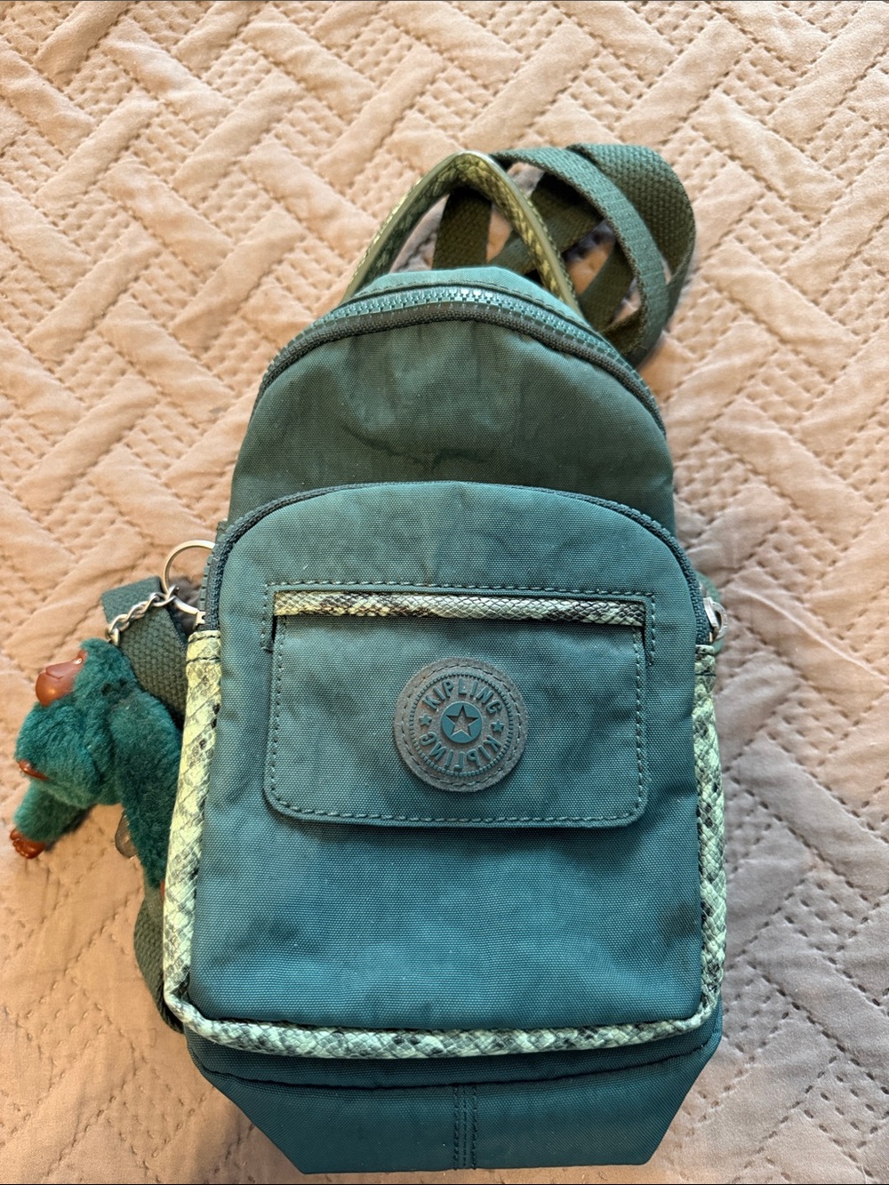 Kipling Teal Green Mini Backpack with Monkey Charm